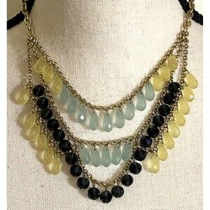 Lia Sophia Statement Necklace Black Yellow Sea Green Dangle Beads Boho Gypsy